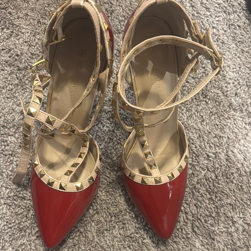 Wild Diva Red and Beige Studded Heels